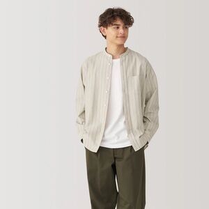 Mens Muji Beige Washed Oxford Stand Collar Shirt